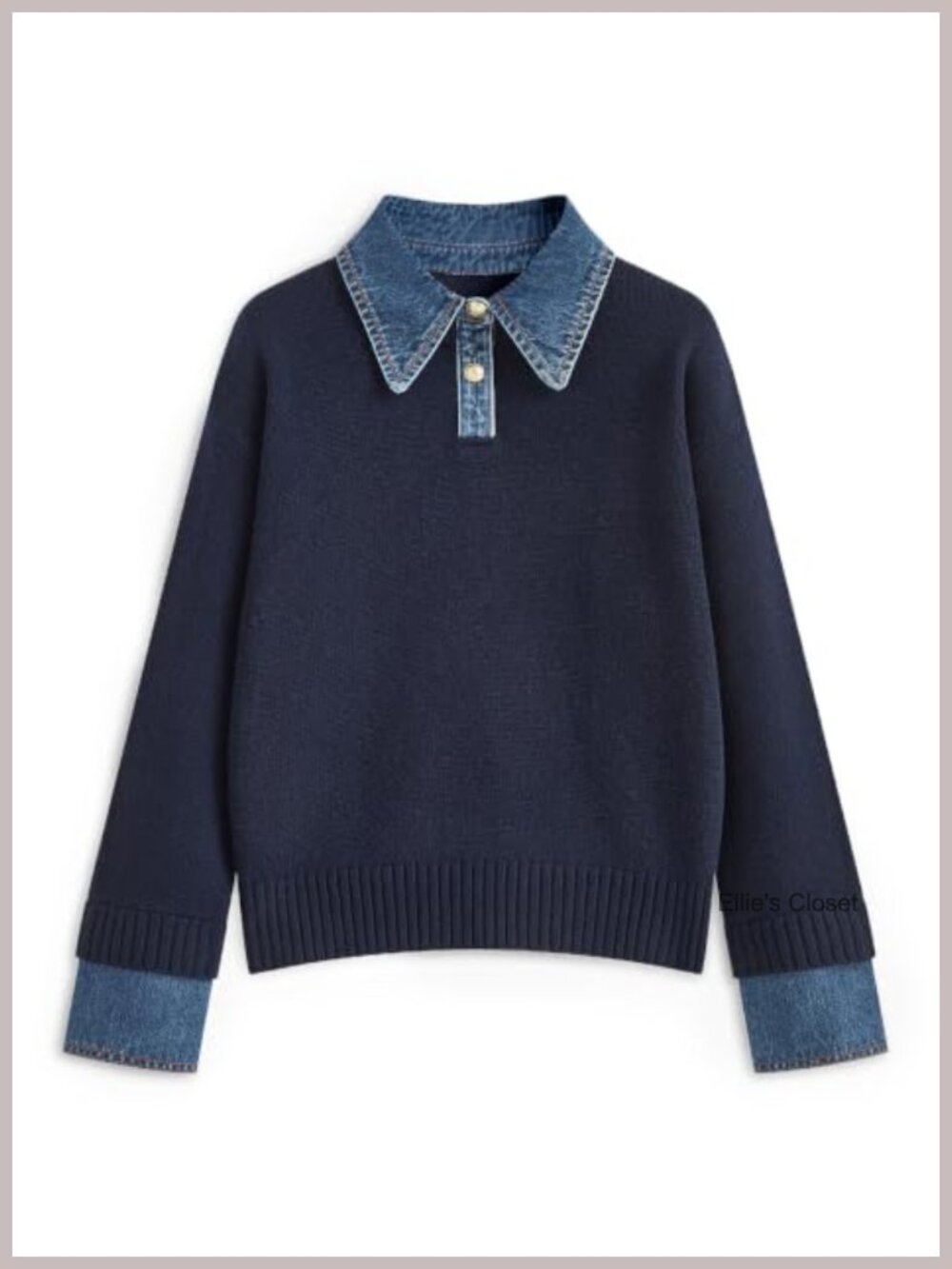 Womens Oversized Knit Sweater Denim Collar Long Sleeve Pullover